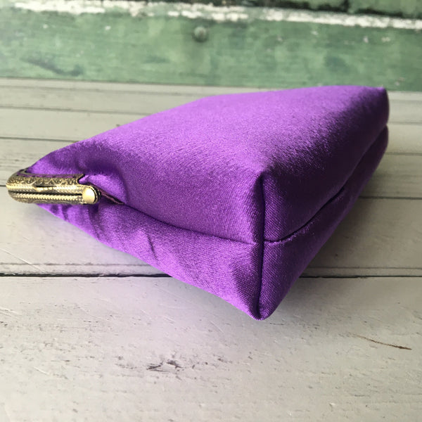 Purple Satin 5.5 Inch Bronze Clasp Purse Frame Clutch Bag