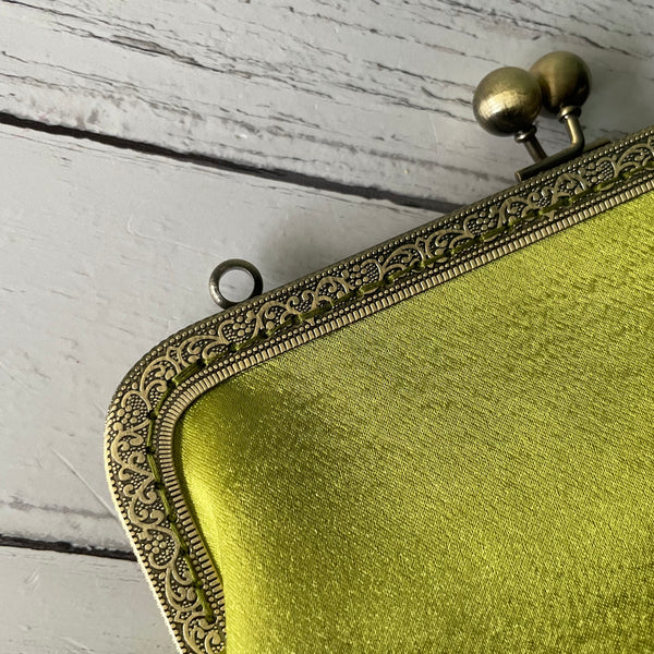 Lime Green Satin 8 Sew-In Bronze Clasp Purse Frame Clutch Bag