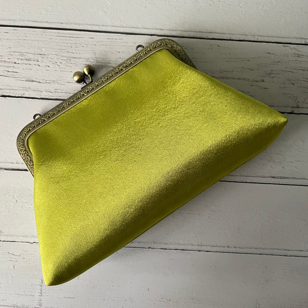Lime Green Satin 8 Sew-In Bronze Clasp Purse Frame Clutch Bag