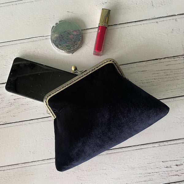 Navy Blue Black Velvet 5.5 Clasp Purse Frame Clutch Bag
