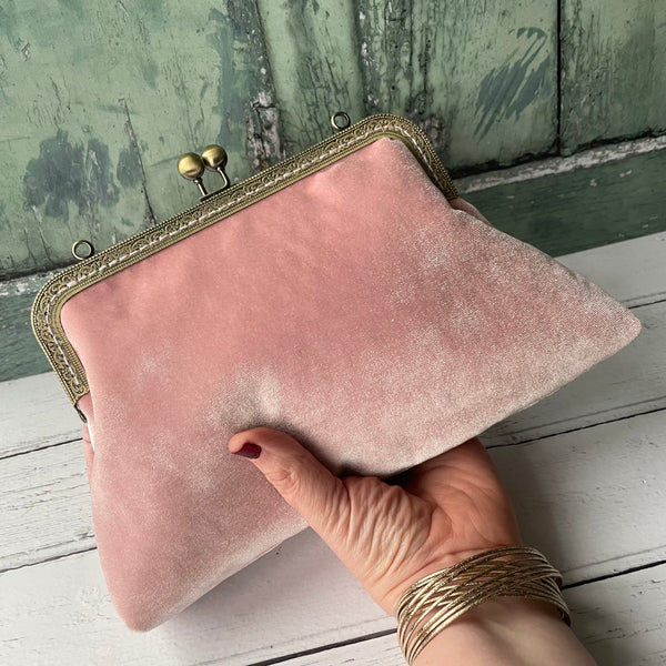 Crepe Pink Velvet 8 Inch Bronze Clasp Purse Frame Clutch Bag