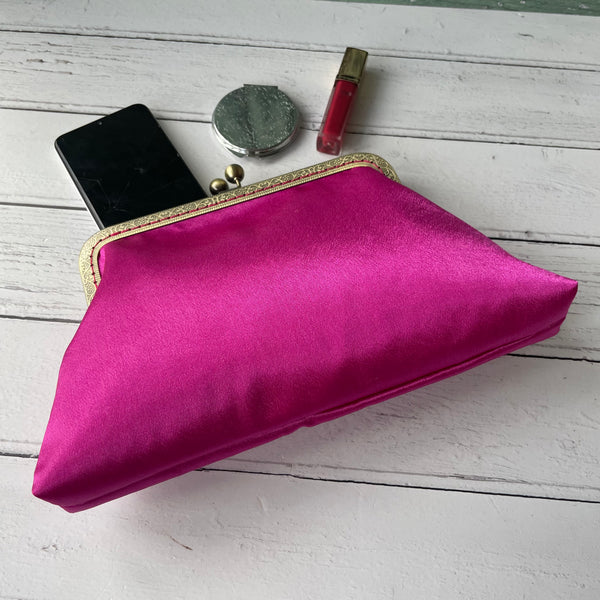 Fuchsia Pink Satin 8 Inch Bronze Clasp Purse Frame Clutch Bag