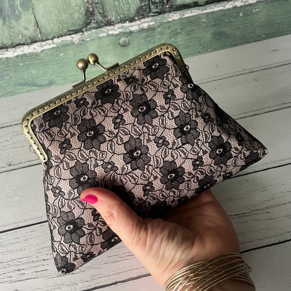 Champagne Satin and Black Floral Lace 5.5 Inch Clasp Purse Frame Clutch Bag