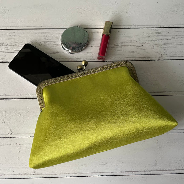 Lime Green Satin 8 Sew-In Bronze Clasp Purse Frame Clutch Bag