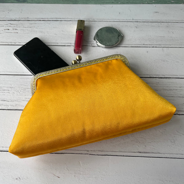 Golden Yellow Satin 8 Inch Bronze Clasp Purse Frame Clutch Bag