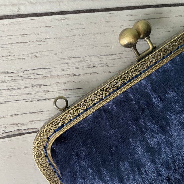Navy Blue Crushed Velvet 8 Inch Bronze Clasp Purse Frame Clutch Bag