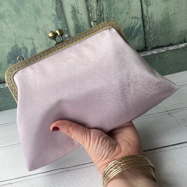 Pale Mauve Blush Satin 8 Inch Bronze Clasp Purse Frame Clutch Bag