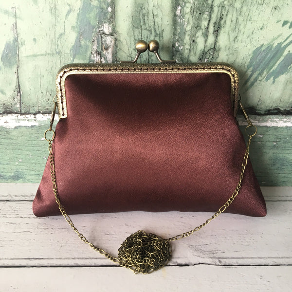 Chocolate Brown Satin 5.5 Inch Clasp Purse Frame Clutch Bag