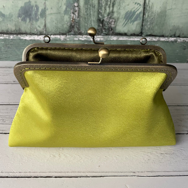 Lime Green Satin 8 Sew-In Bronze Clasp Purse Frame Clutch Bag