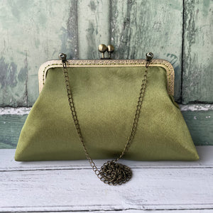 Olive Green Satin 8 Inch Bronze Clasp Purse Frame Clutch Bag