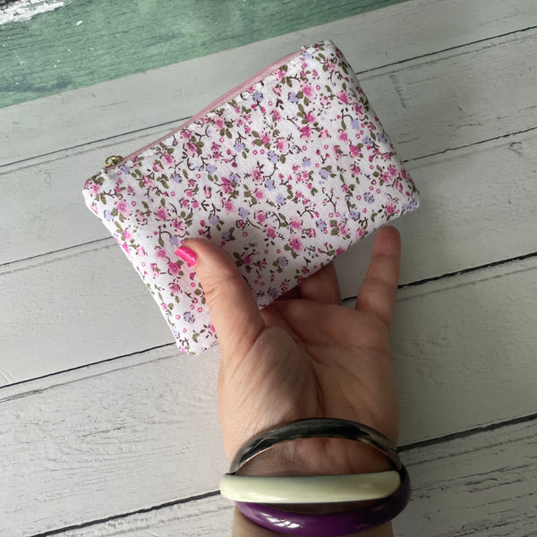 Purple and Pink Ditzy Floral Cotton Coin Zipper Purse Pouch