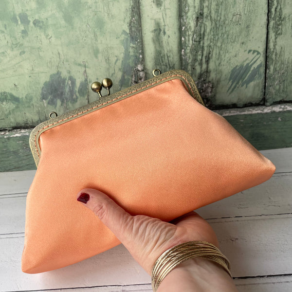 Peachy Orange Satin 8 Inch Bronze Clasp Purse Frame Clutch Bag