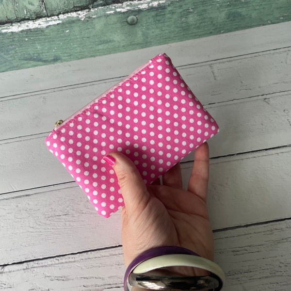Pink and White Polka Dot Cotton Coin Zipper Purse Pouch