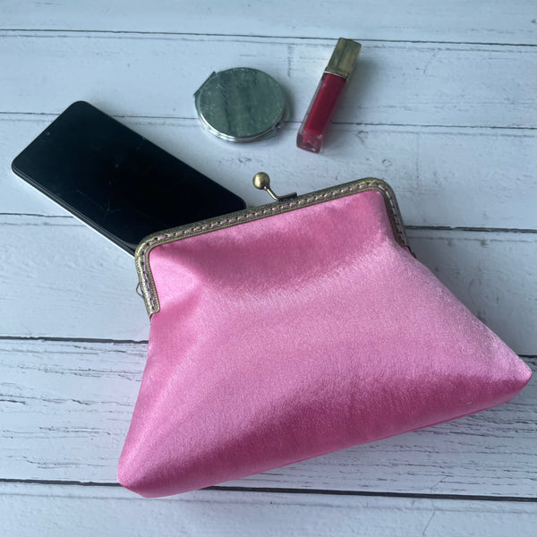 Rose Pink Satin 5.5 Inch Bronze Clasp Purse Frame Clutch Bag
