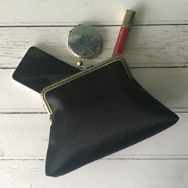 Black Satin 5.5 Clasp Purse Frame Clutch Bag