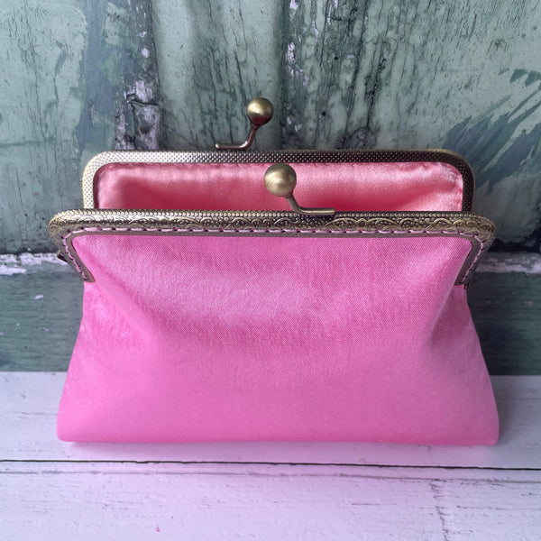 Rose Pink Satin 5.5 Inch Bronze Clasp Purse Frame Clutch Bag