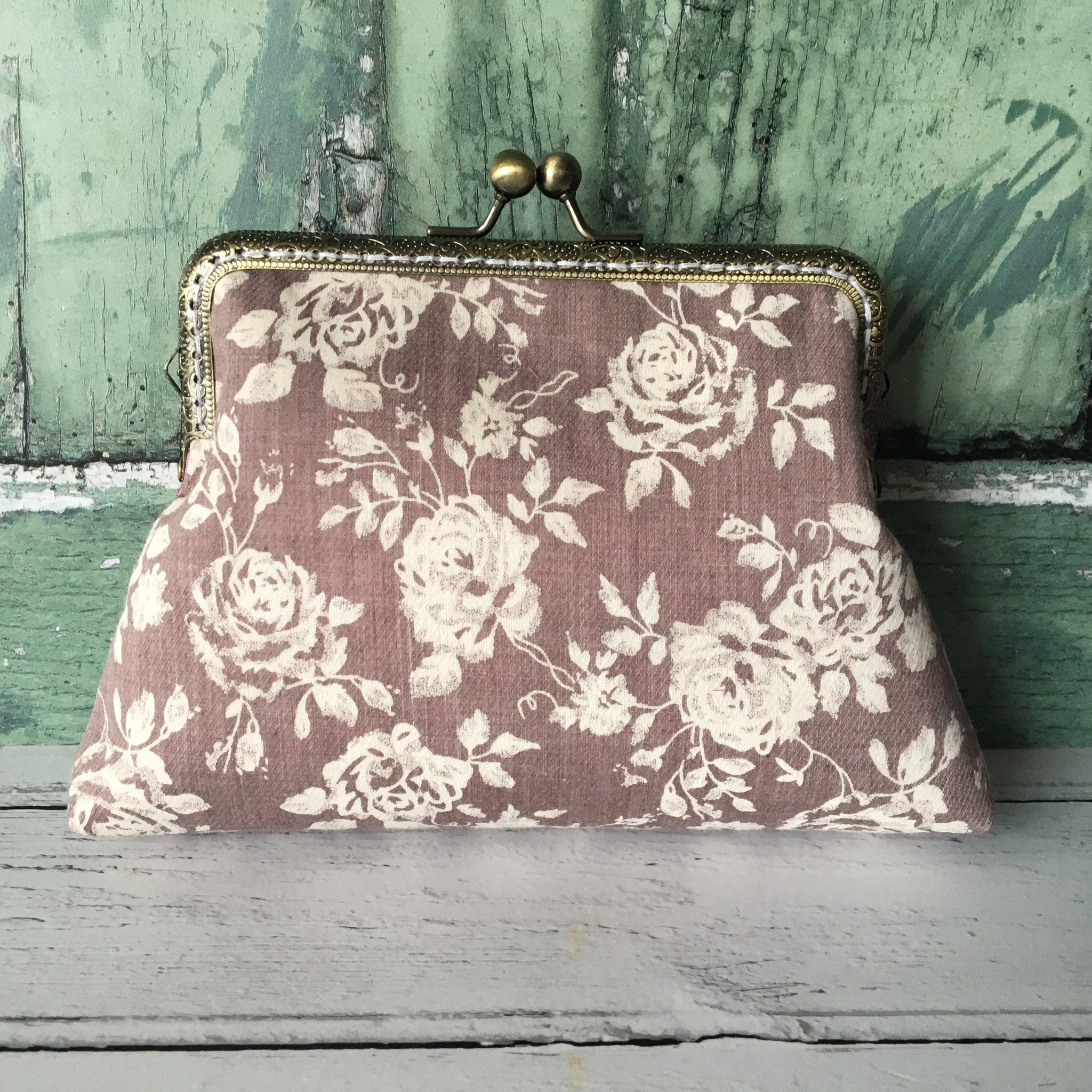 Grey and White Vintage Style Rose Floral Clutch Bag