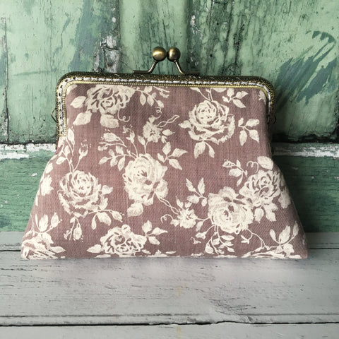 Grey and White Vintage Style Rose Floral Clutch Bag