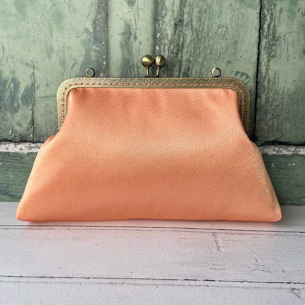 Peachy Orange Satin 8 Inch Bronze Clasp Purse Frame Clutch Bag