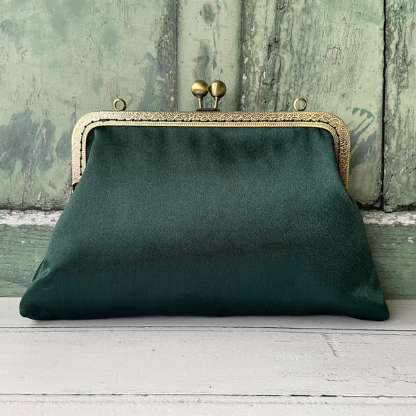 Dark Green Satin 8 Inch Bronze Clasp Purse Frame Clutch Bag