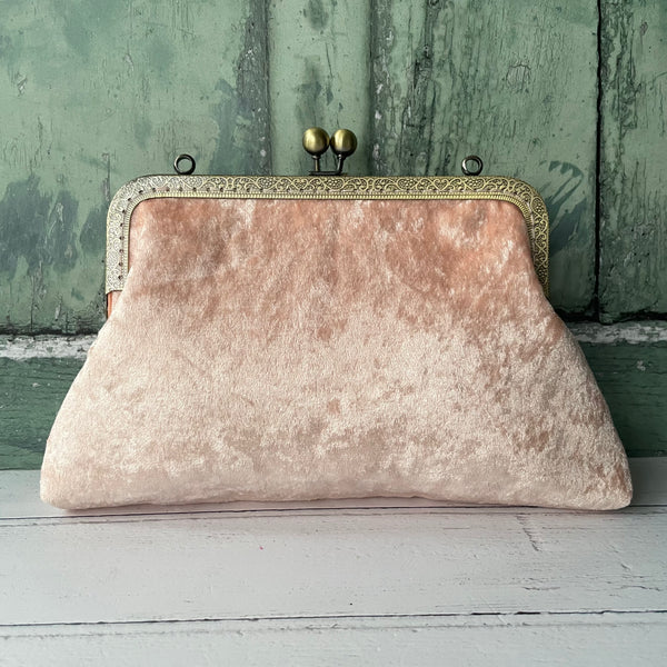 Light Peach Crushed Velvet 8 Inch Bronze Clasp Purse Frame Clutch Bag