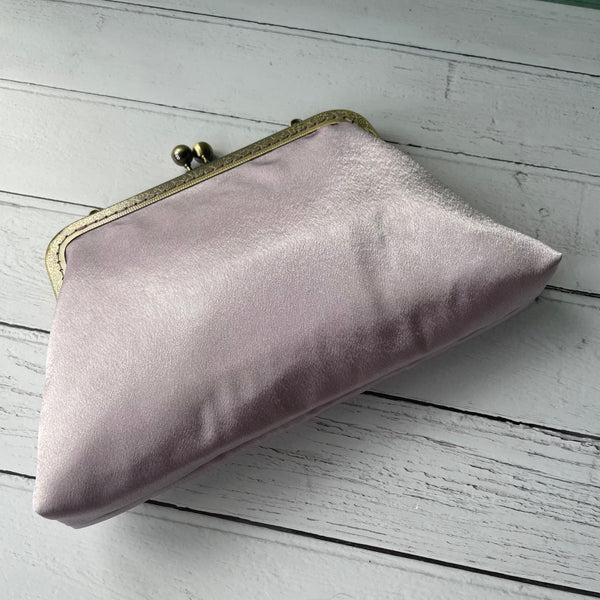 Pale Mauve Blush Satin 8 Inch Bronze Clasp Purse Frame Clutch Bag