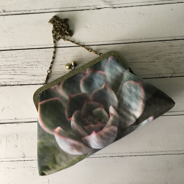 Green and Pink Echeveria Hercules Succulent Velvet 8 Inch Clasp Purse Frame Clutch Bag