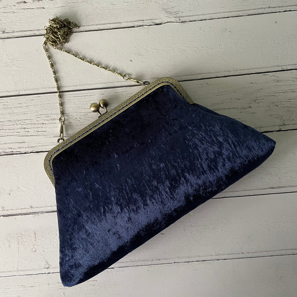 Navy Blue Crushed Velvet 8 Inch Bronze Clasp Purse Frame Clutch Bag