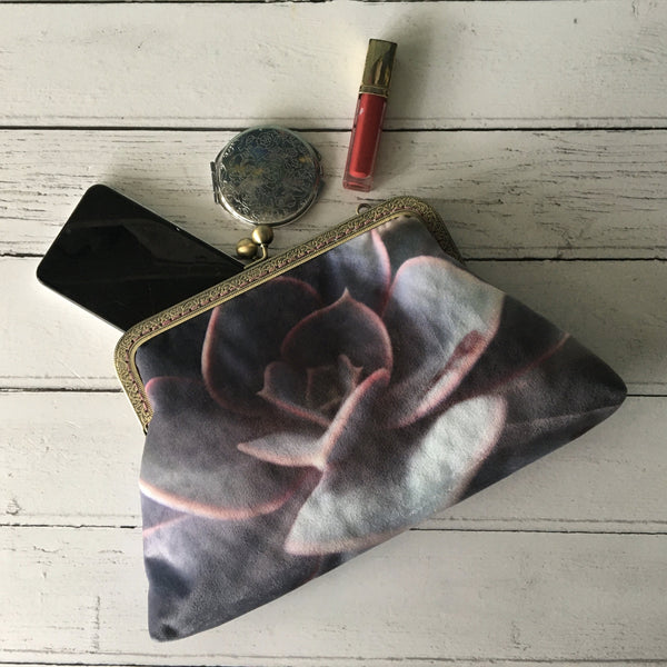 Echeveria Purple Pearl Succulent Velvet 8 Inch Clasp Purse Frame Clutch Bag
