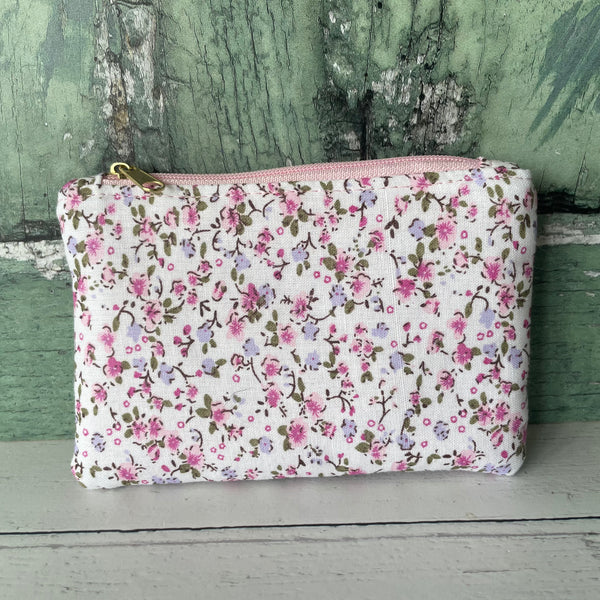 Purple and Pink Ditzy Floral Cotton Coin Zipper Purse Pouch