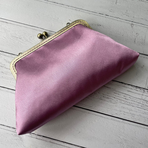 Antique Dusty Pink Satin 8 Inch Bronze Clasp Purse Frame Clutch Bag