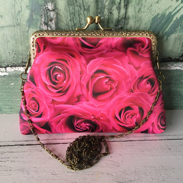 Pink Roses Satin 5.5 Inch Clasp Purse Frame Clutch Bag