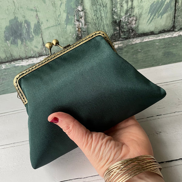 Dark Green Satin 5.5 Inch Clasp Purse Frame Clutch Bag