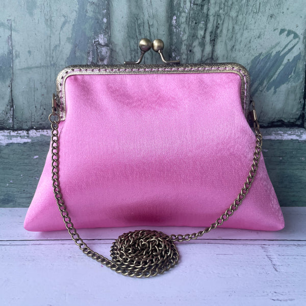 Rose Pink Satin 5.5 Inch Bronze Clasp Purse Frame Clutch Bag