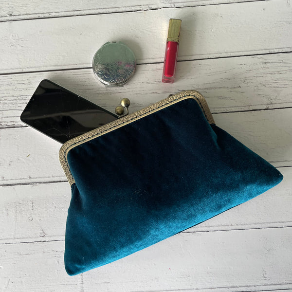Petrol Blue Velvet 8 Inch Bronze Clasp Purse Frame Clutch Bag