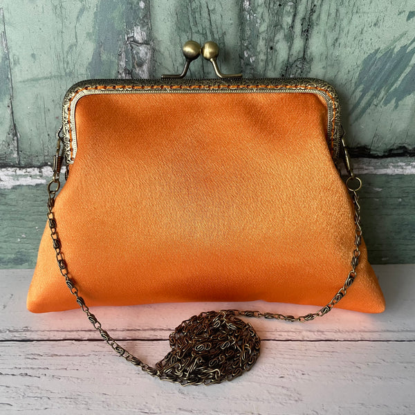 Tangerine Orange Satin 5.5 Inch Bronze Clasp Purse Frame Clutch Bag