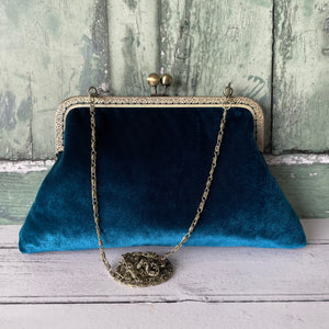 Petrol Blue Velvet 8 Inch Bronze Clasp Purse Frame Clutch Bag