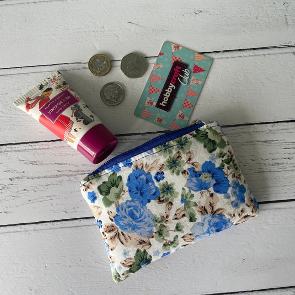 Blue Roses Floral Cotton Coin Zipper Purse Pouch