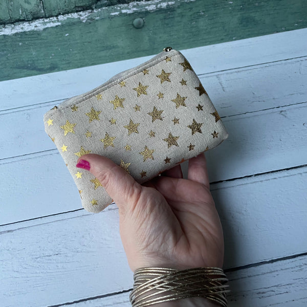 Gold Stars Beige Cotton Zip Coin Purse Pouch