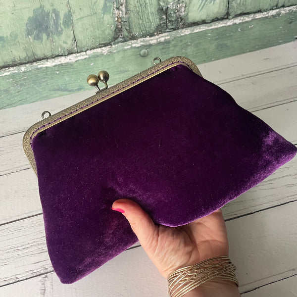 Purple Velvet 8 Inch Bronze Clasp Purse Frame Clutch Bag