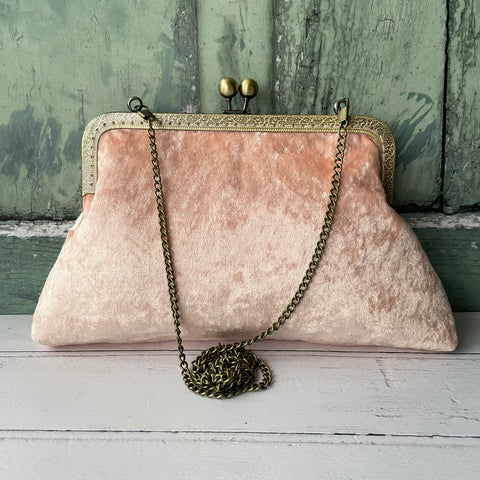 Light Peach Crushed Velvet 8 Inch Bronze Clasp Purse Frame Clutch Bag