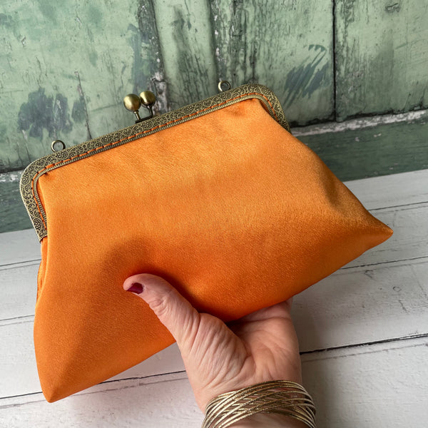Tangerine Orange Satin 8 Inch Bronze Clasp Purse Frame Clutch Bag