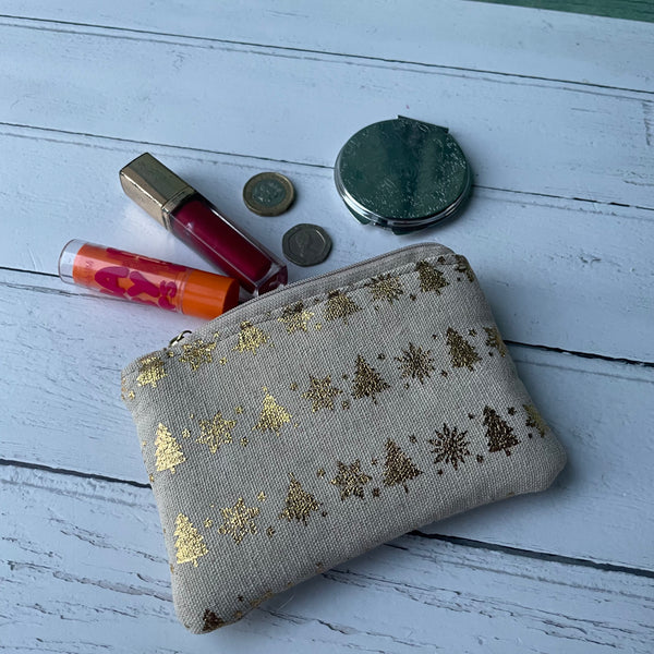 Gold Christmas Trees and Snowflakes Beige Cotton Zip Coin Purse Pouch