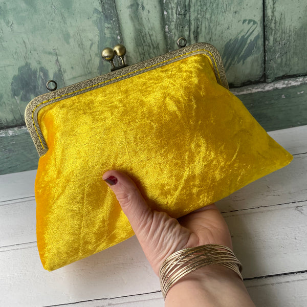 Sunflower Yellow Crushed Velvet 8 Inch Bronze Clasp Purse Frame Clutch Bag