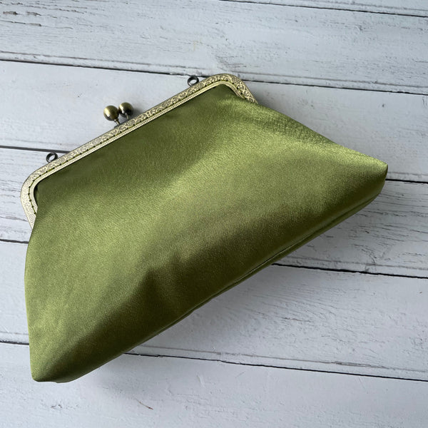 Olive Green Satin 8 Inch Bronze Clasp Purse Frame Clutch Bag