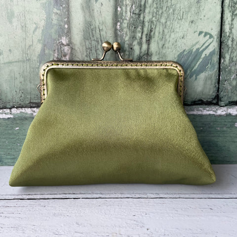 Olive Green Satin 5.5 Inch Clasp Purse Frame Clutch Bag