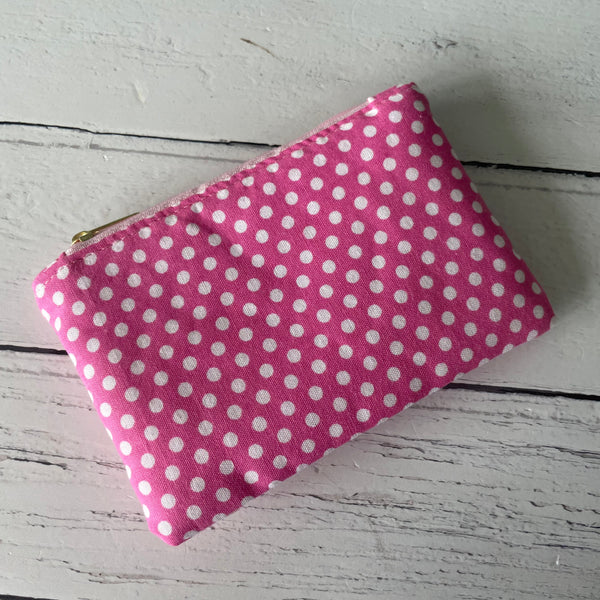 Pink and White Polka Dot Cotton Coin Zipper Purse Pouch