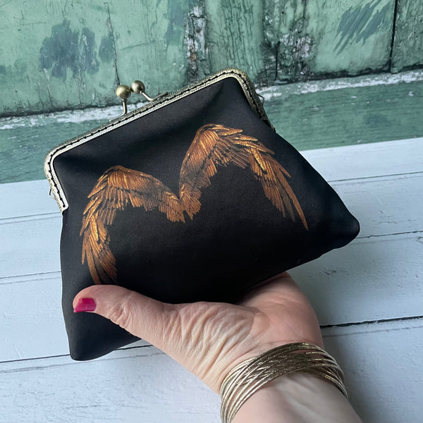 Black and Bronze Angel Wings Satin 5.5 Inch Clasp Purse Frame Clutch Bag