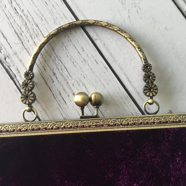 Mulberry Purple Velvet Vintage Style 8 Sew-In Bronze Clasp Purse Frame Handbag