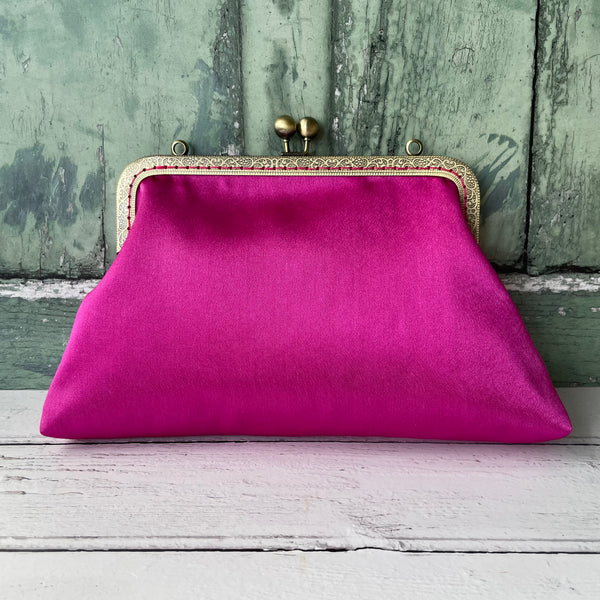 Fuchsia Pink Satin 8 Inch Bronze Clasp Purse Frame Clutch Bag